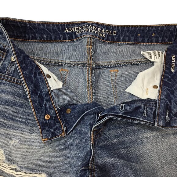 American Eagle Boy Crop Jeans Size 6 Regular Distressed Blue Denim Button Fly - Picture 7 of 8